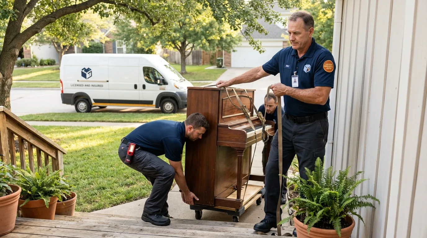 Licensed piano movers securing grand piano in Onida, SD