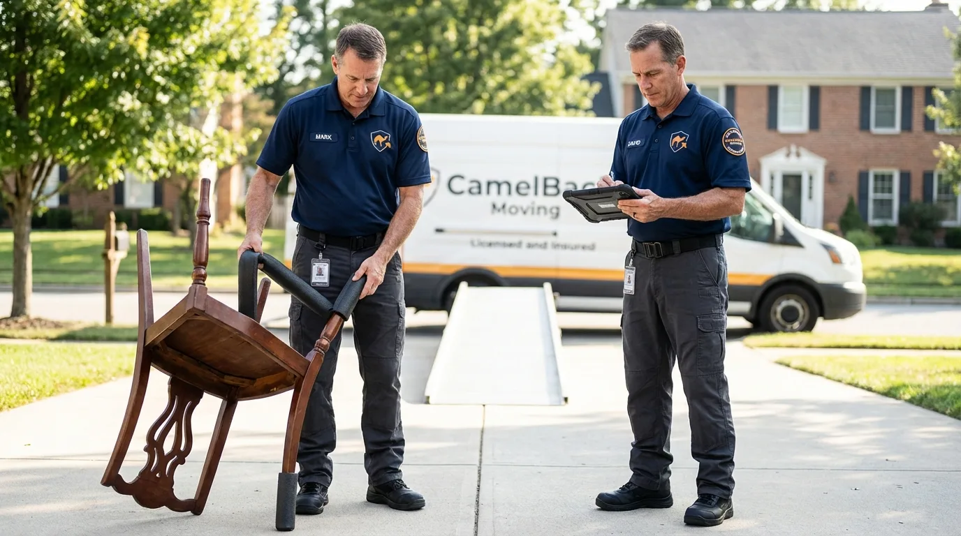 Movers inspecting furniture for damage prevention before loading in Onida, SD