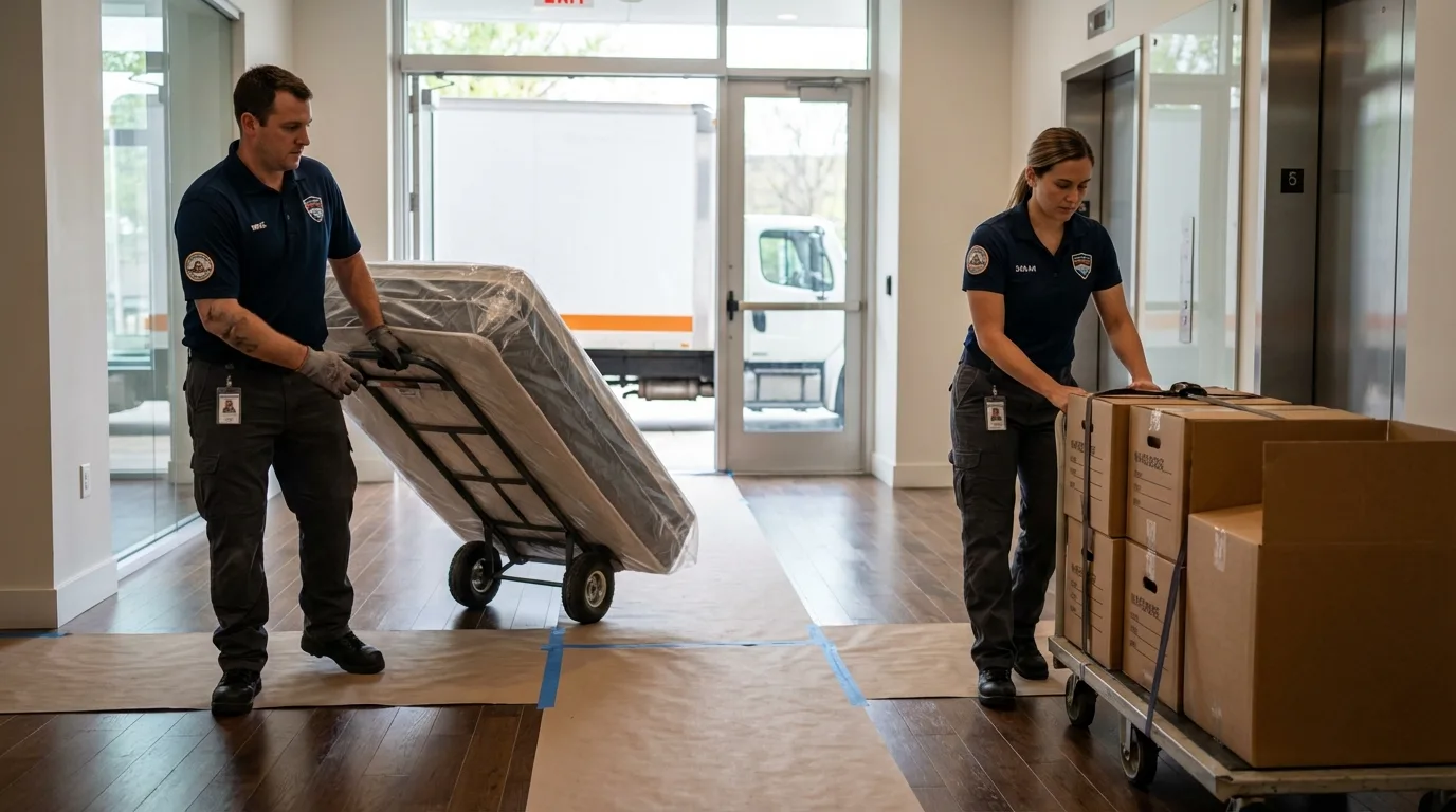 Professional apartment movers loading elevator in Onida, SD